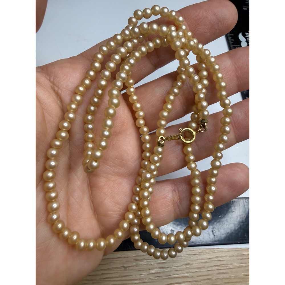 Vintage Faux Pearl Necklace Cream Gold Tone T Logo Charm 28 Inch Strand